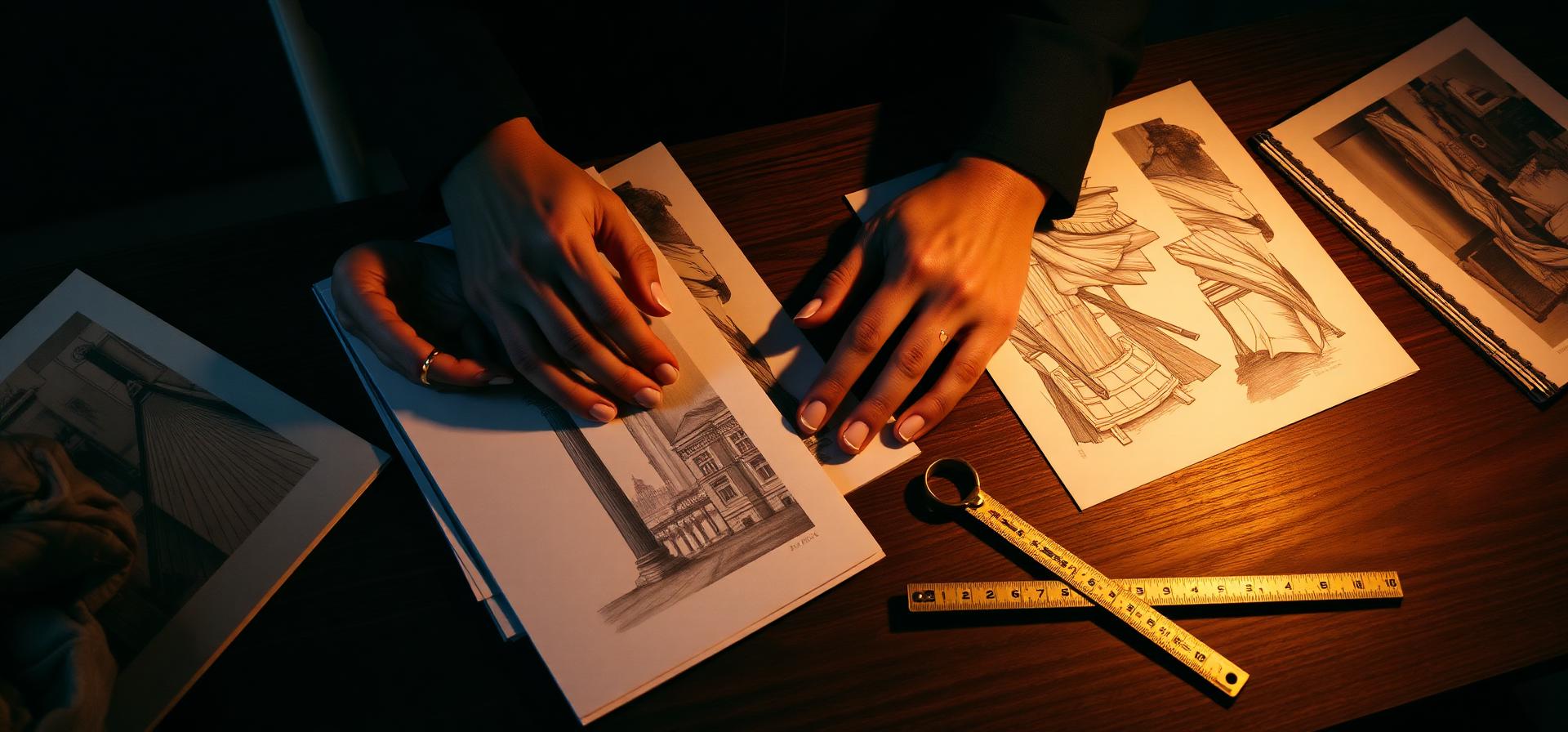 An interior designer arranging fabric swatches and art sketches