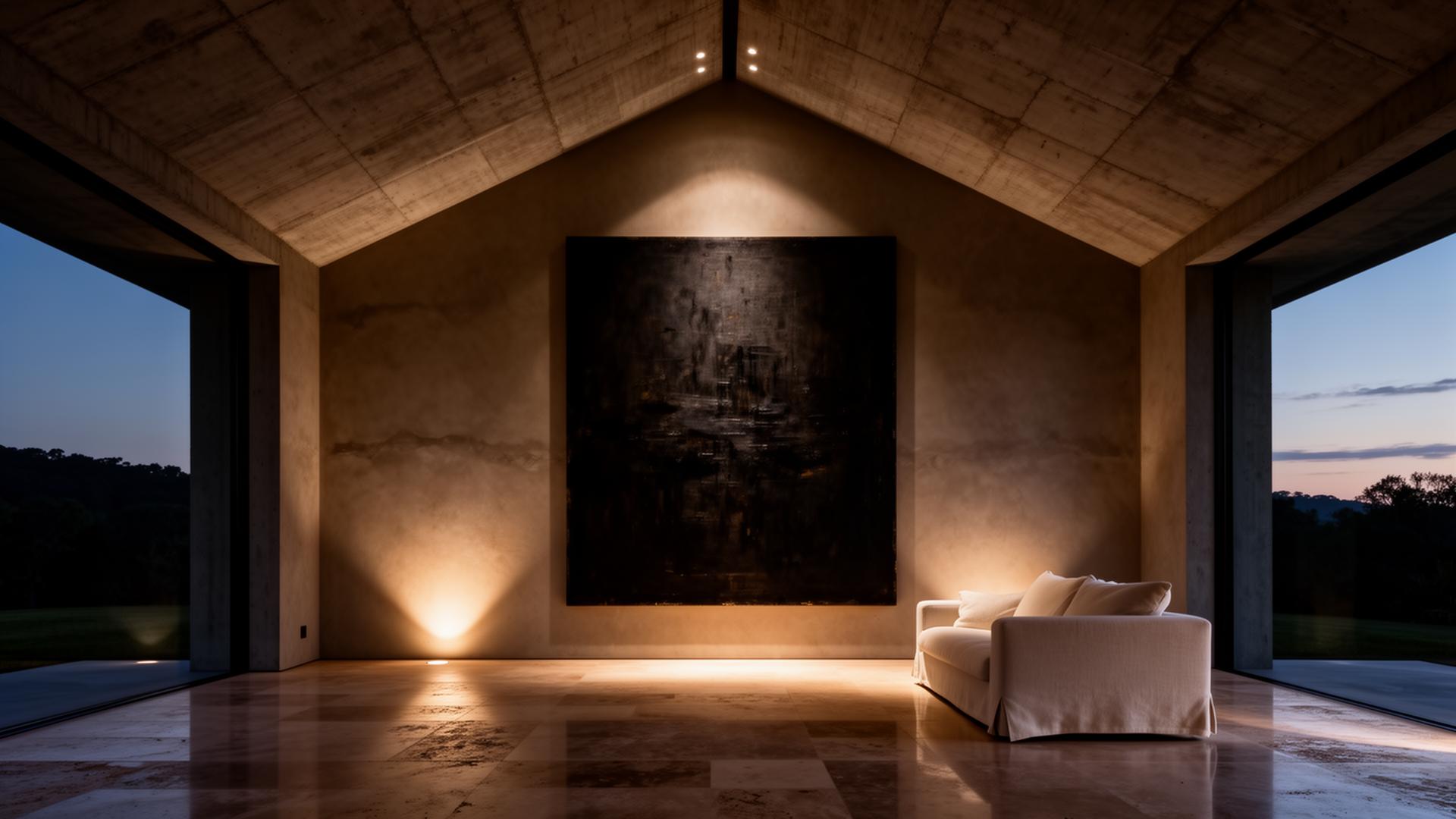 A minimalist luxury living room at dusk with a large Ventura artwork