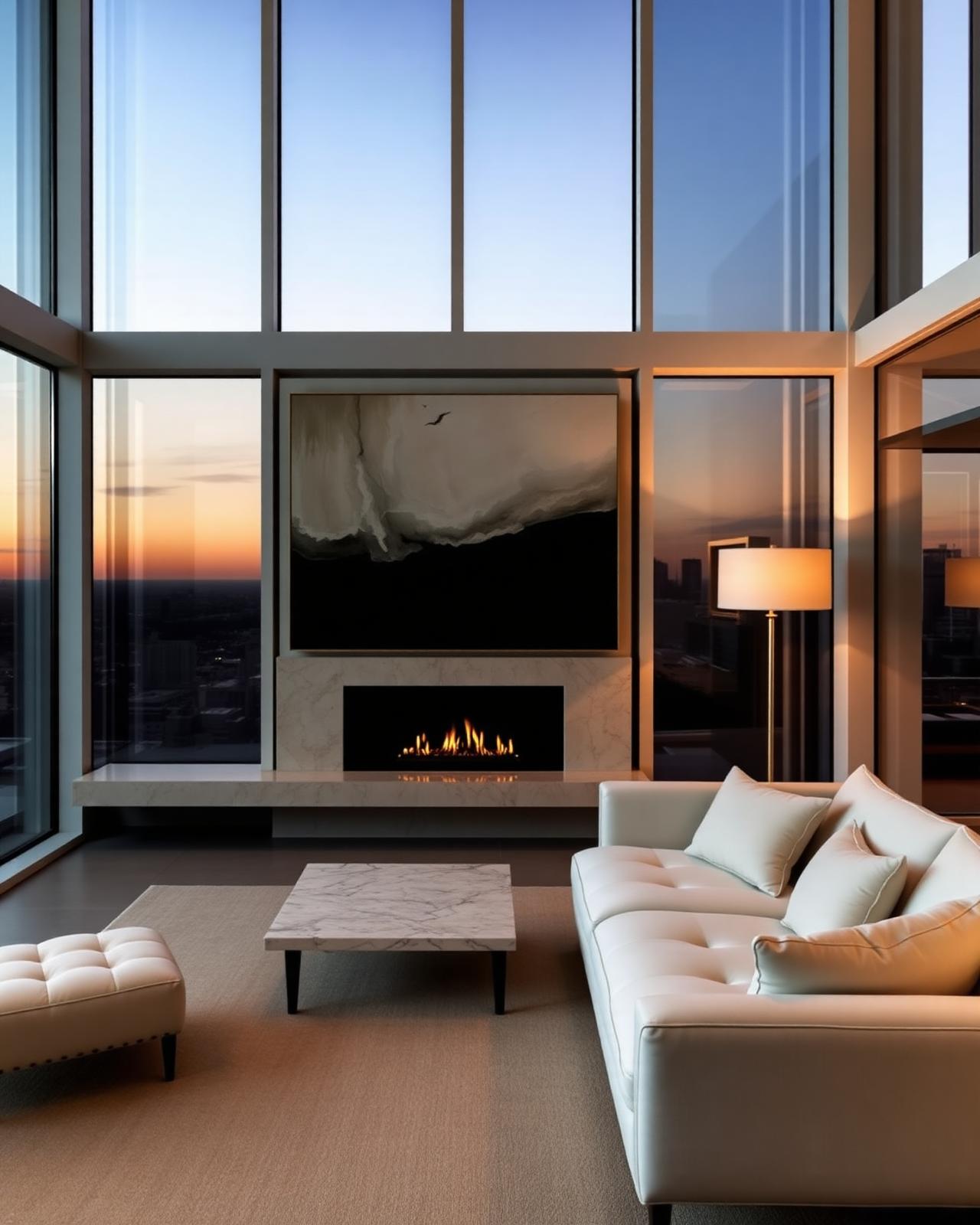 A penthouse living room featuring a Ventura artwork above the fireplace