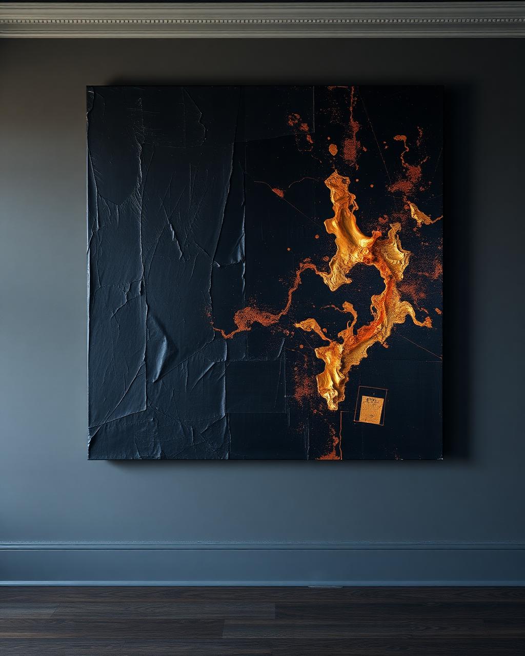 Obsidian Dusk I — Mixed media, 24k gold leaf, ember pigment on canvas