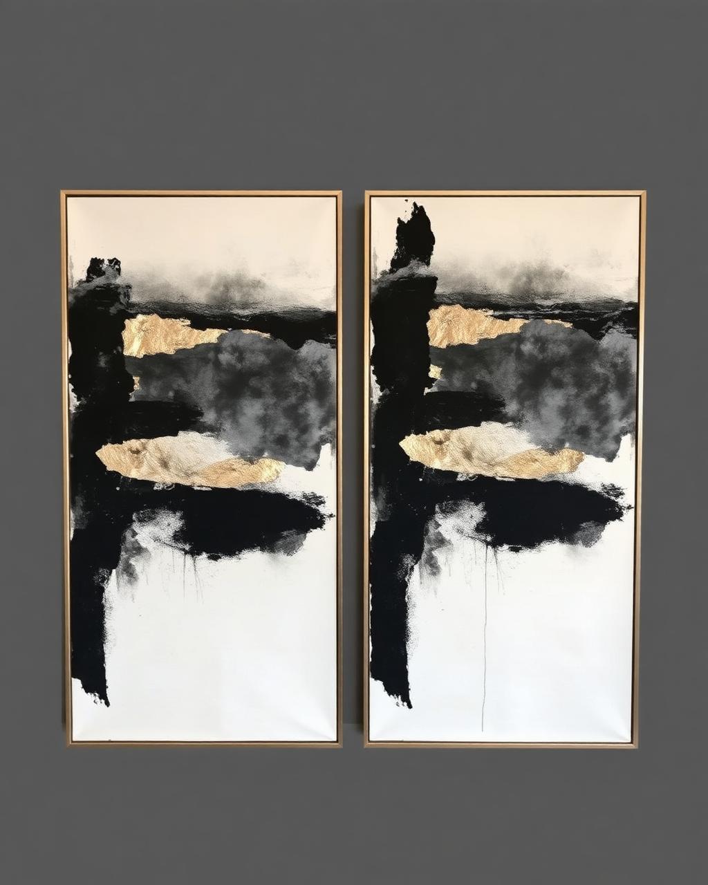 Obsidian Diptych III — Diptych, mixed media with gold leaf on linen
