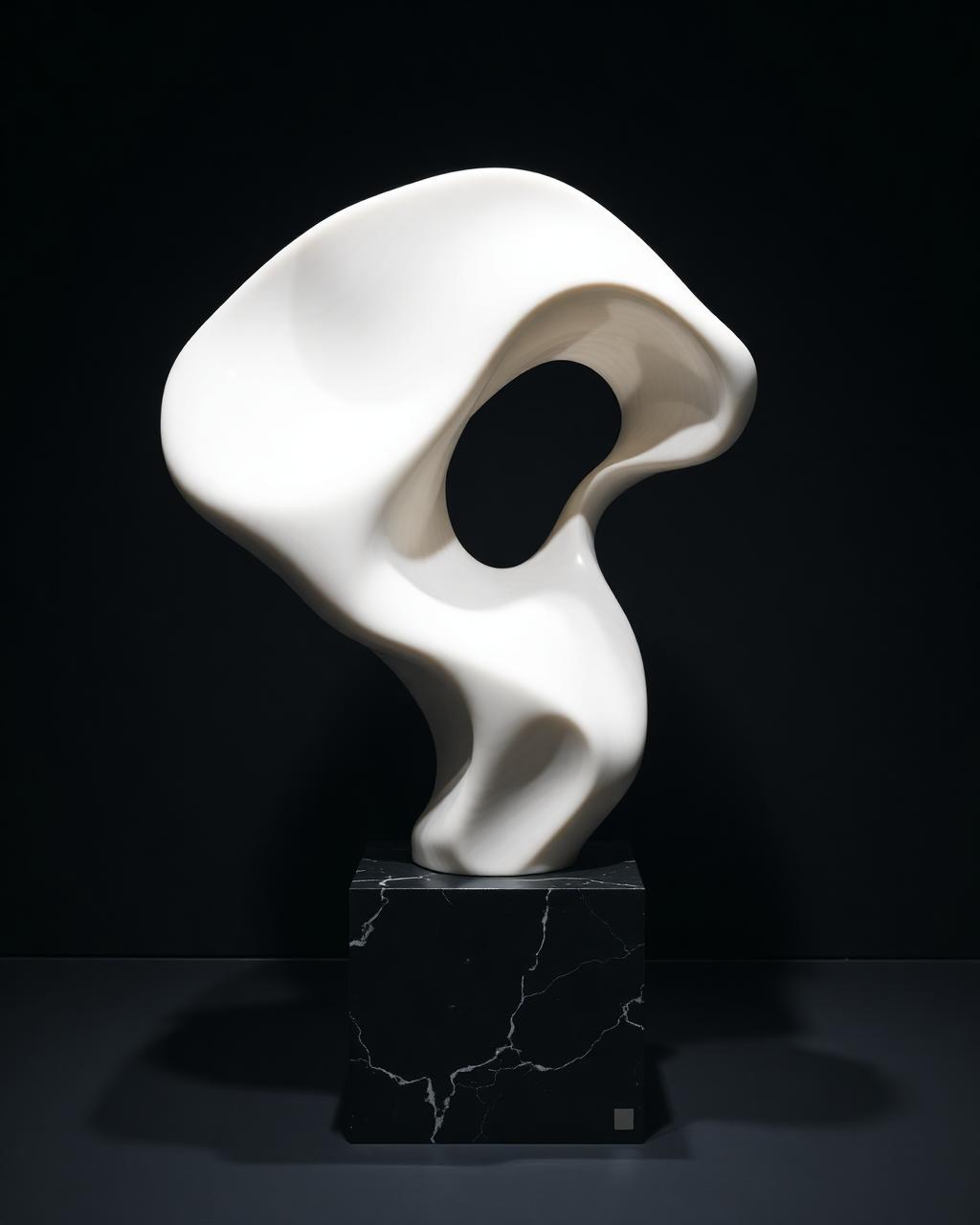 Silent Form 04 — Hand-carved Carrara marble on Nero Marquina base